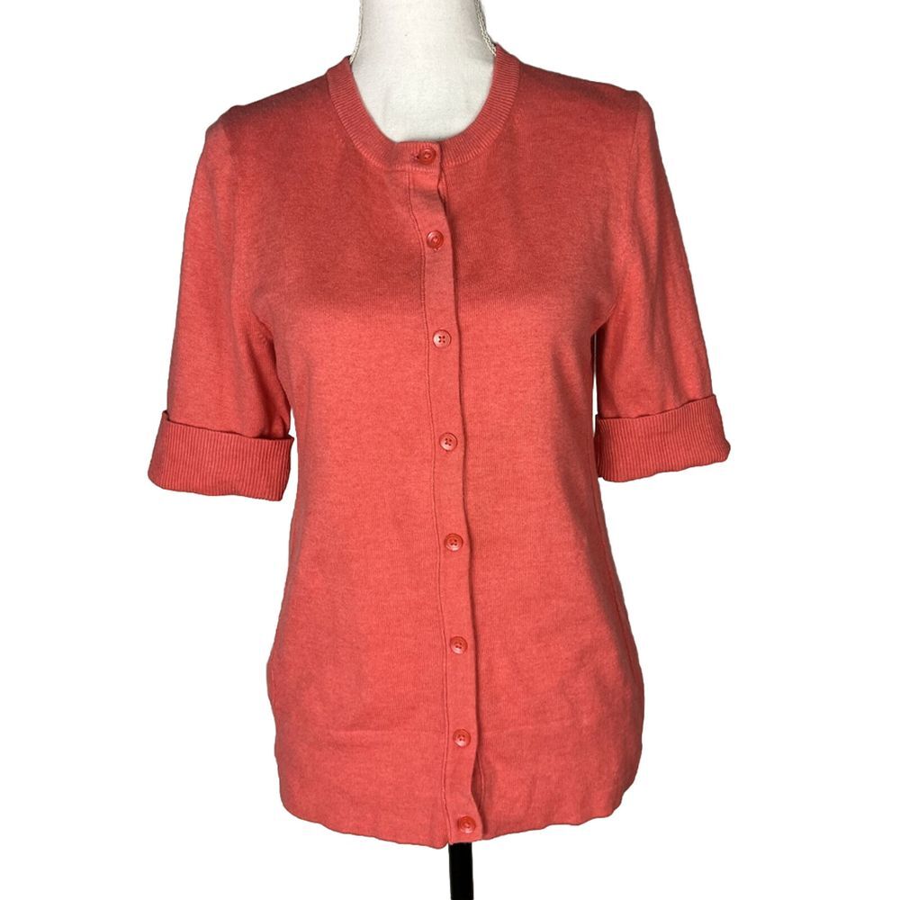 EDDIE BAUER Size M Women's Knit Short Sleeve Sweater Top Button Front Pink orang